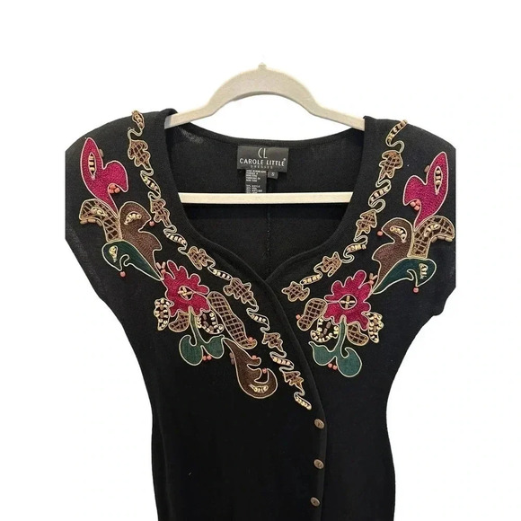 Carole‎ Little Vintage Black Wool Blend Embroidered Button Front Dress Size S - Picture 2 of 6
